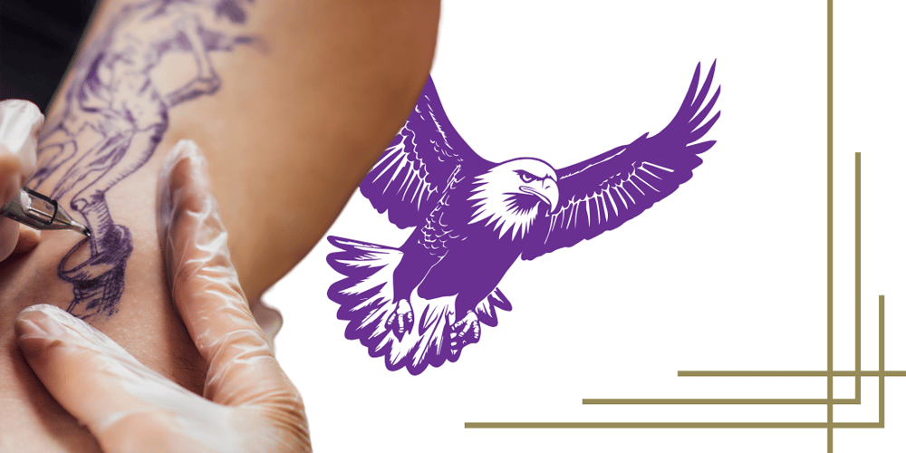 Person getting their arm tattooed with an purple stencil of an eagle in the background